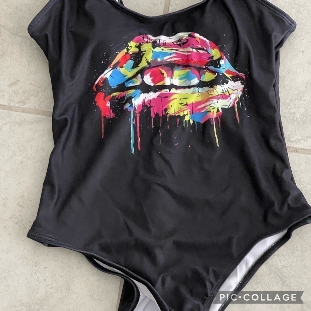 Black 1 Piece Swimsuit w/Graphic Lips & Teeth - Picture 2 of 3